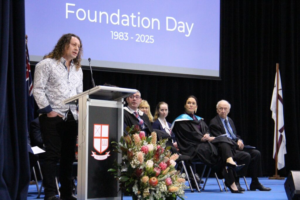 Guest speaker Vasili Koutlis speaking at the Northholm Grammar Foundation Day.